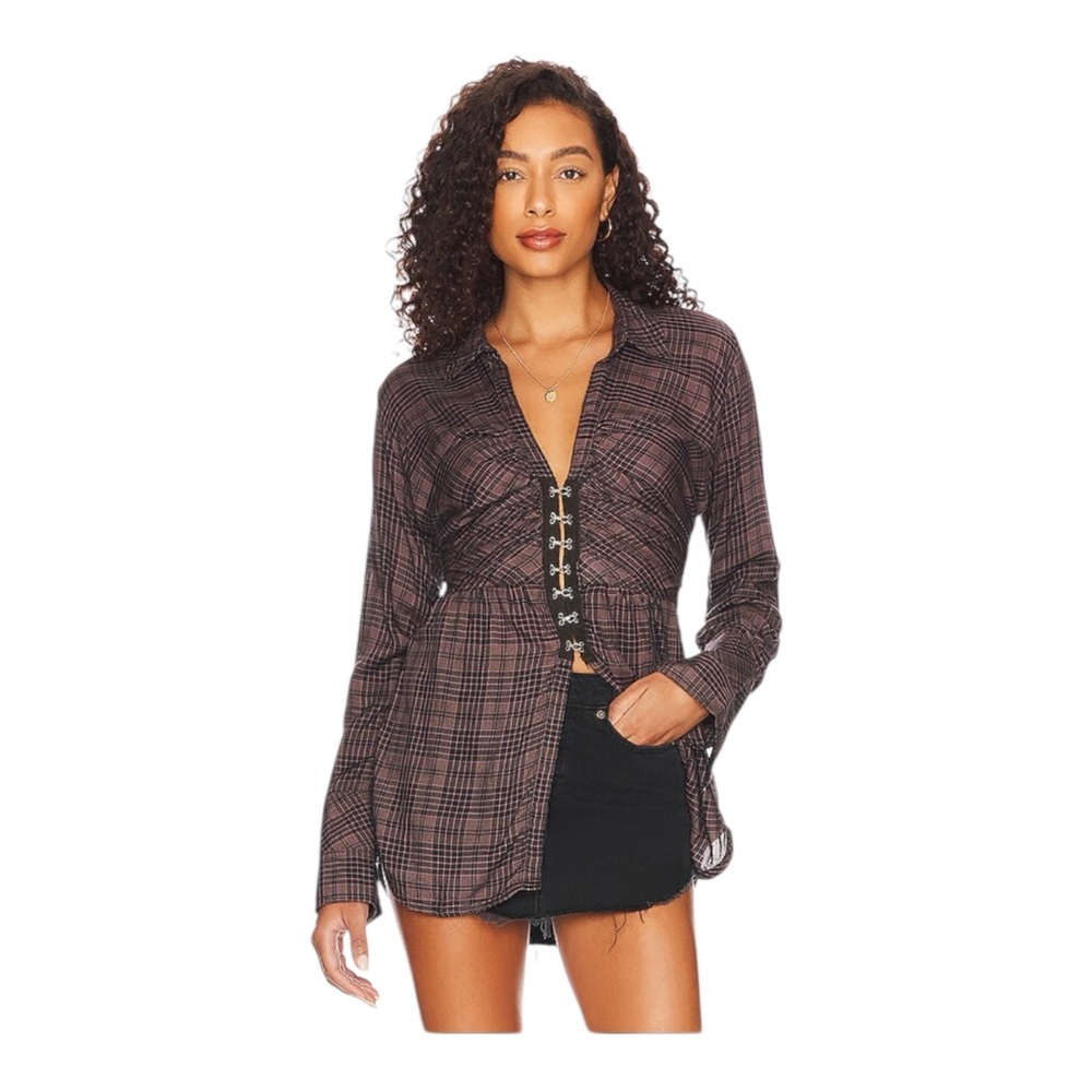 Free People Brown Plaid Hook-Front Shirt